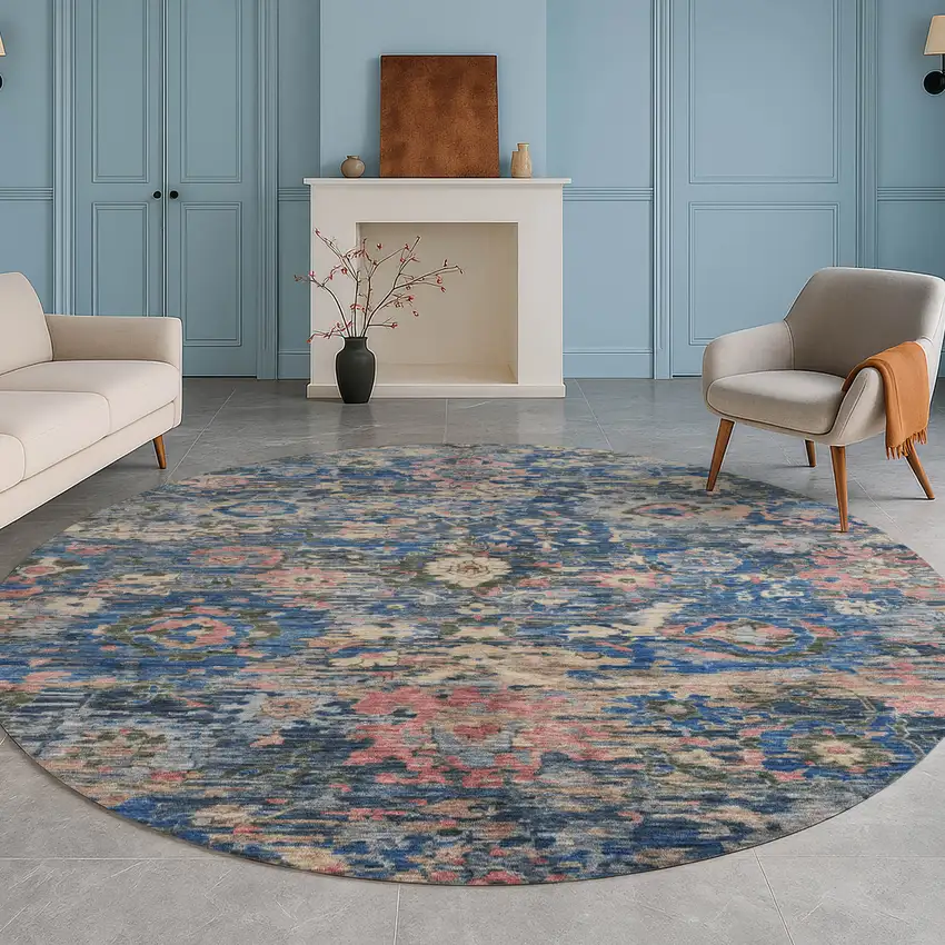 8' Navy Blue And Denim Blue Round Floral Washable Indoor Outdoor Area Rug Photo 5
