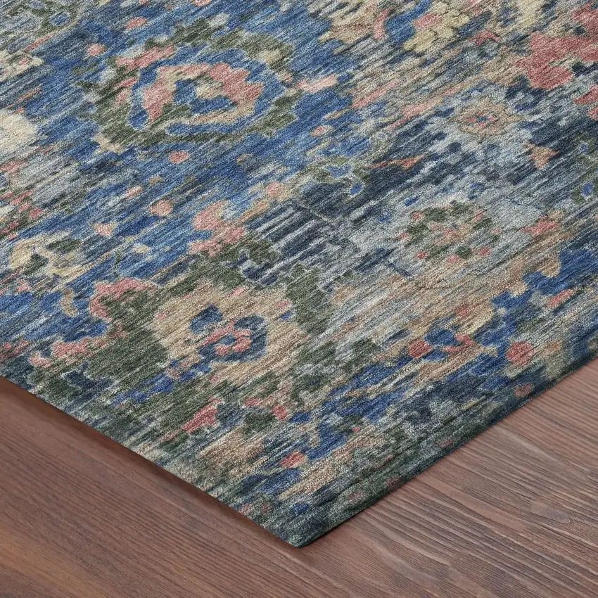 8' Navy Blue And Denim Blue Round Floral Washable Indoor Outdoor Area Rug Photo 6