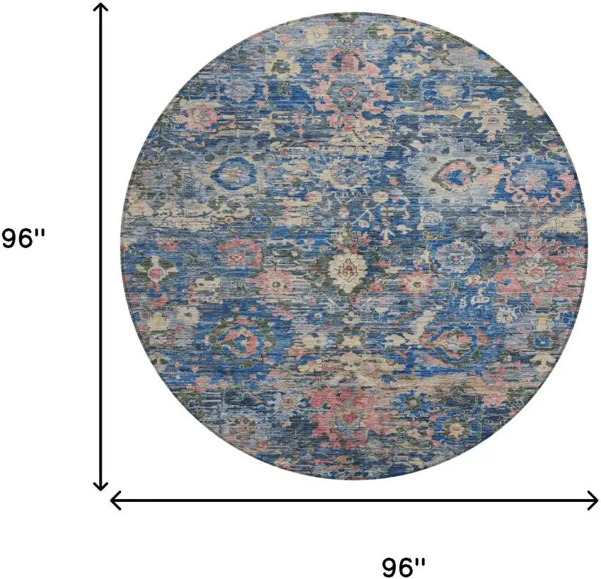 8' Navy Blue And Denim Blue Round Floral Washable Indoor Outdoor Area Rug Photo 8