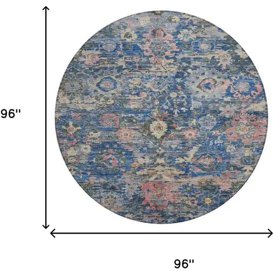 8' Navy Blue And Denim Blue Round Floral Washable Indoor Outdoor Area Rug Photo 8