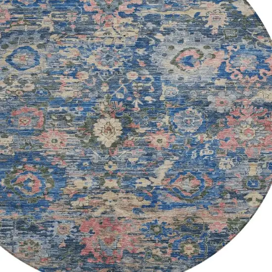 8' Navy Blue And Denim Blue Round Floral Washable Indoor Outdoor Area Rug Photo 2