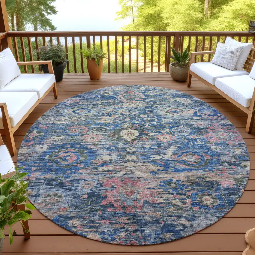 8' Navy Blue And Denim Blue Round Floral Washable Indoor Outdoor Area Rug Photo 4