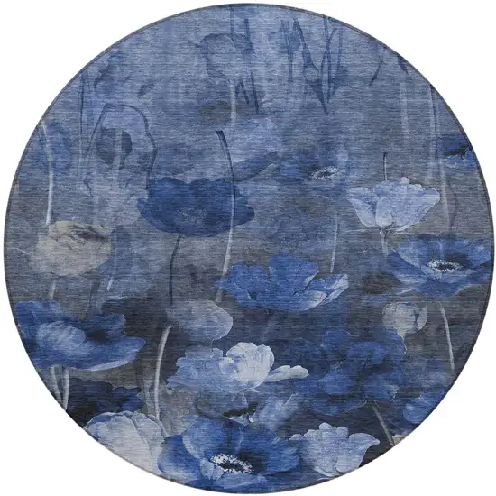 8' Navy Blue And Denim Blue Round Floral Washable Indoor Outdoor Area Rug Photo 2