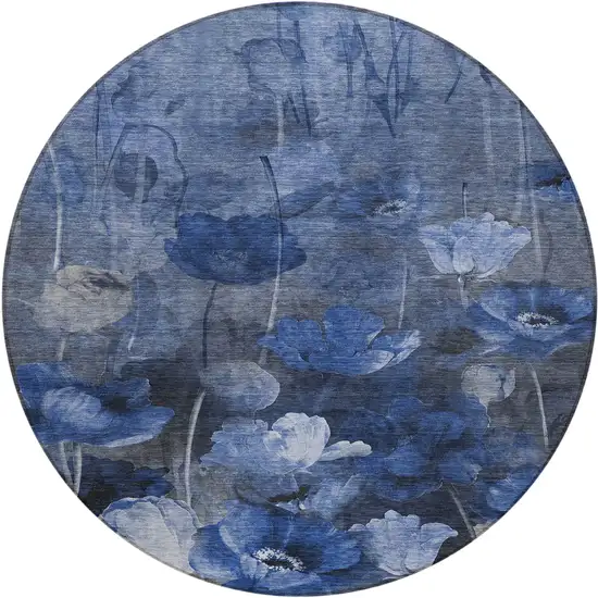 8' Navy Blue And Denim Blue Round Floral Washable Indoor Outdoor Area Rug Photo 2