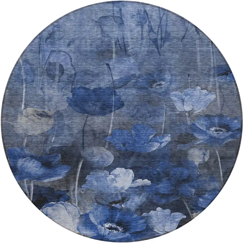 8' Navy Blue And Denim Blue Round Floral Washable Indoor Outdoor Area Rug Photo 2