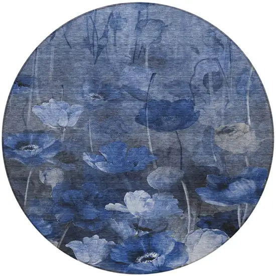 8' Navy Blue And Denim Blue Round Floral Washable Indoor Outdoor Area Rug Photo 4