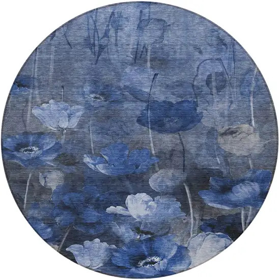 8' Navy Blue And Denim Blue Round Floral Washable Indoor Outdoor Area Rug Photo 4