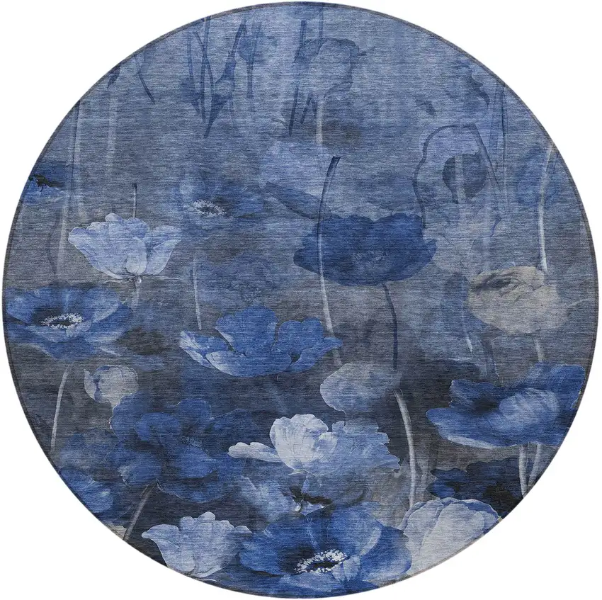 8' Navy Blue And Denim Blue Round Floral Washable Indoor Outdoor Area Rug Photo 4