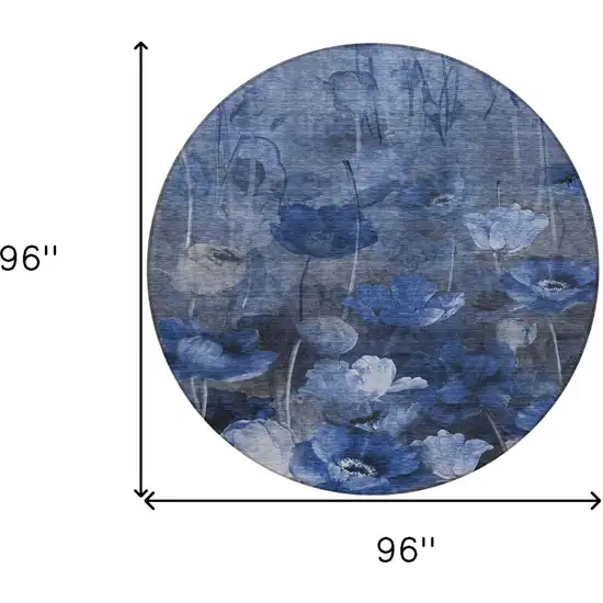 8' Navy Blue And Denim Blue Round Floral Washable Indoor Outdoor Area Rug Photo 3