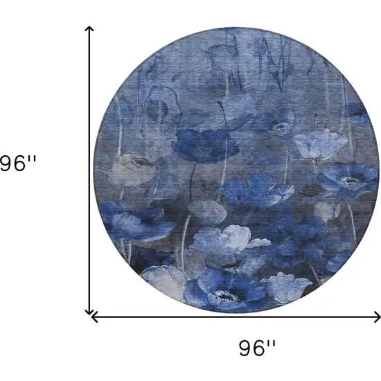 8' Navy Blue And Denim Blue Round Floral Washable Indoor Outdoor Area Rug Photo 3