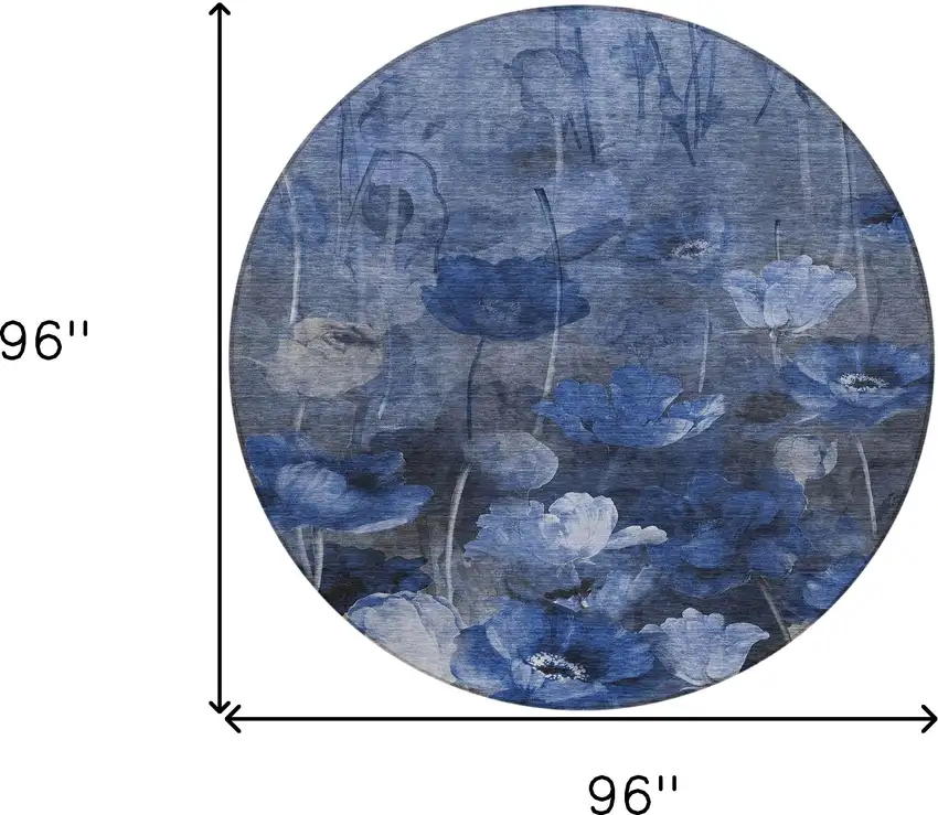 8' Navy Blue And Denim Blue Round Floral Washable Indoor Outdoor Area Rug Photo 3