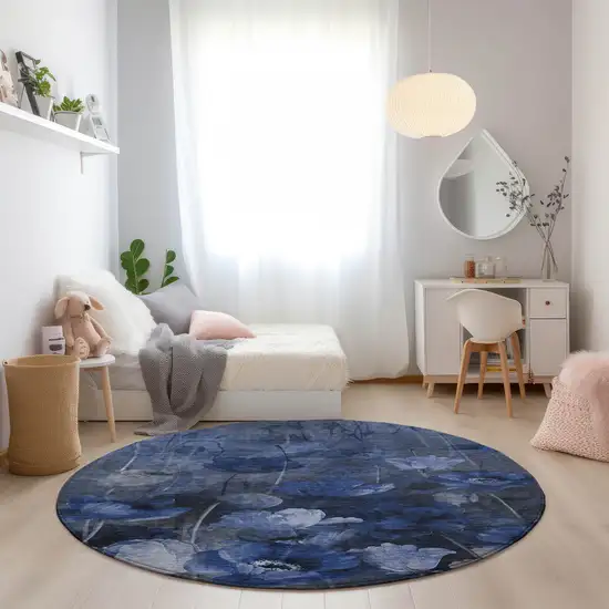 8' Navy Blue And Denim Blue Round Floral Washable Indoor Outdoor Area Rug Photo 6