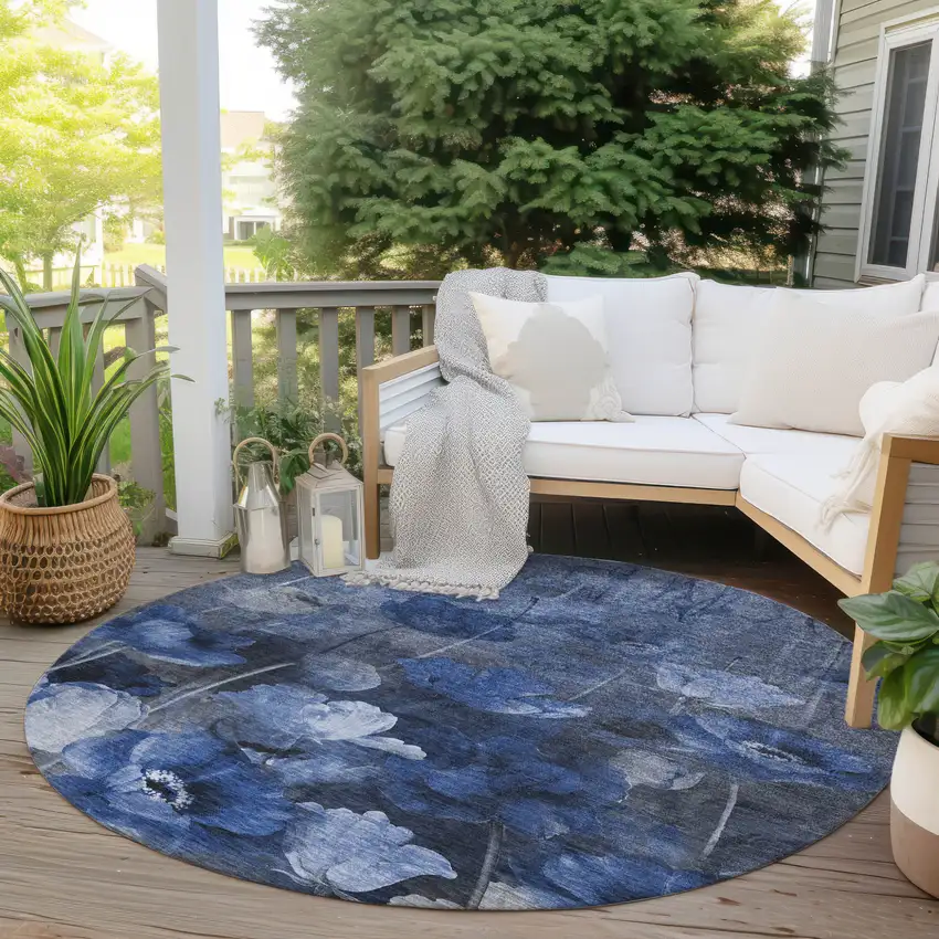 8' Navy Blue And Denim Blue Round Floral Washable Indoor Outdoor Area Rug Photo 5