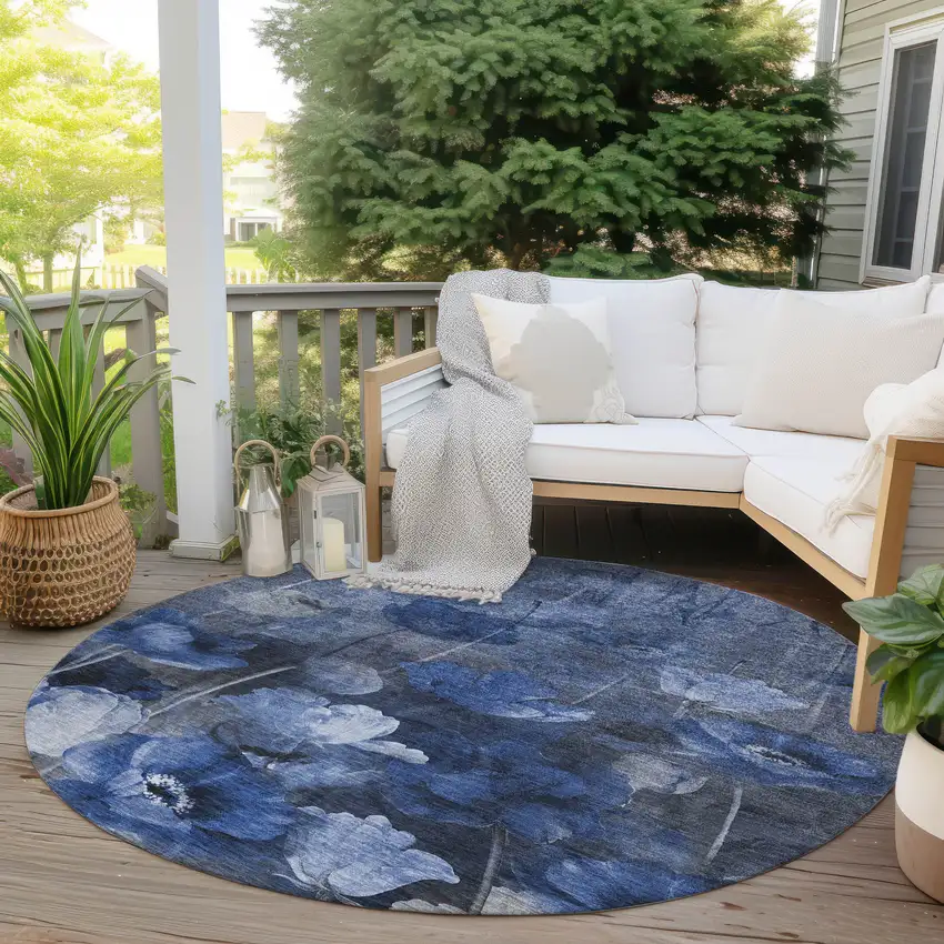 8' Navy Blue And Denim Blue Round Floral Washable Indoor Outdoor Area Rug Photo 5