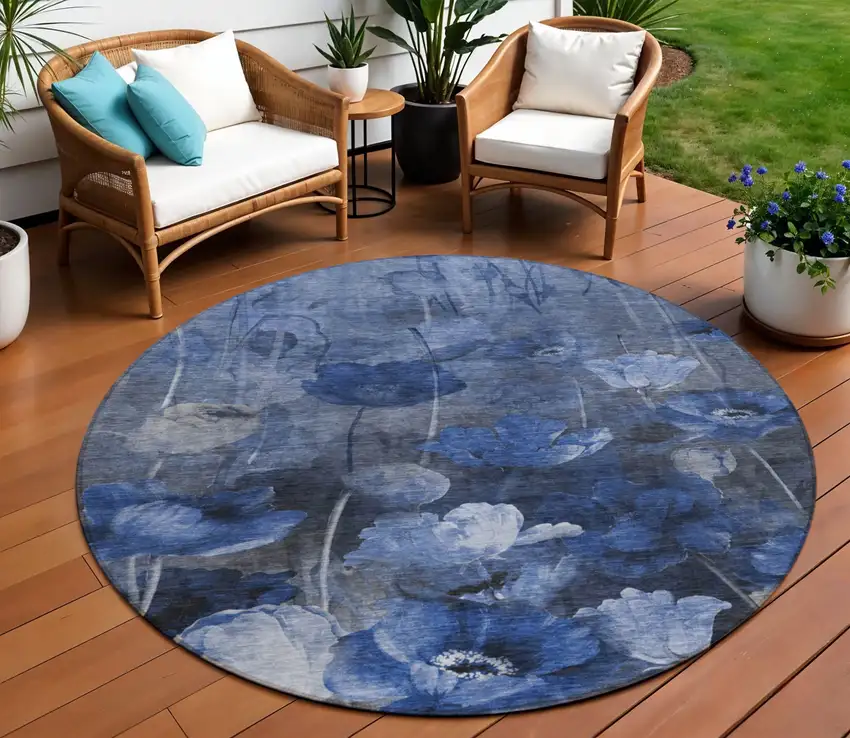 8' Navy Blue And Denim Blue Round Floral Washable Indoor Outdoor Area Rug Photo 1