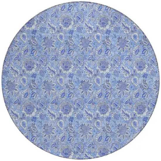 8' Navy Blue And Denim Blue Round Floral Washable Indoor Outdoor Area Rug Photo 6