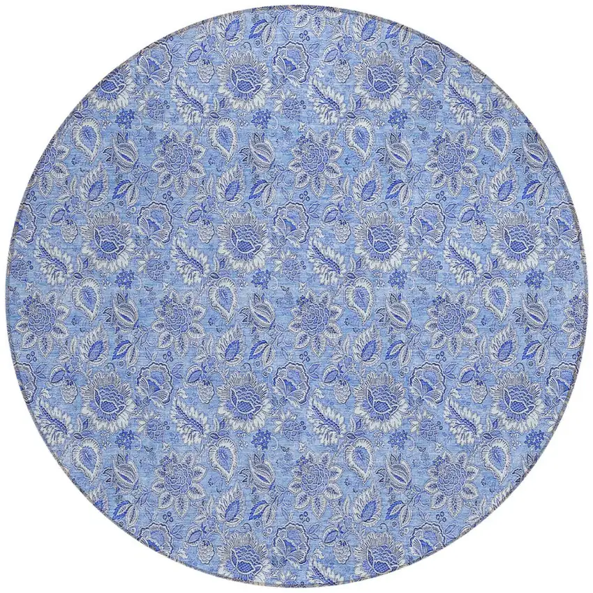 8' Navy Blue And Denim Blue Round Floral Washable Indoor Outdoor Area Rug Photo 6