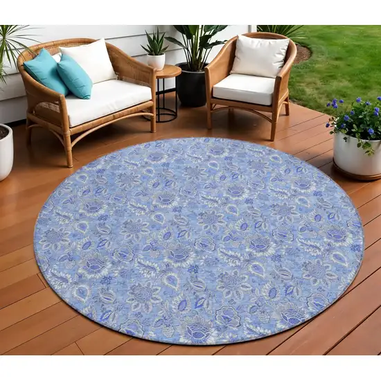 8' Navy Blue And Denim Blue Round Floral Washable Indoor Outdoor Area Rug Photo 1