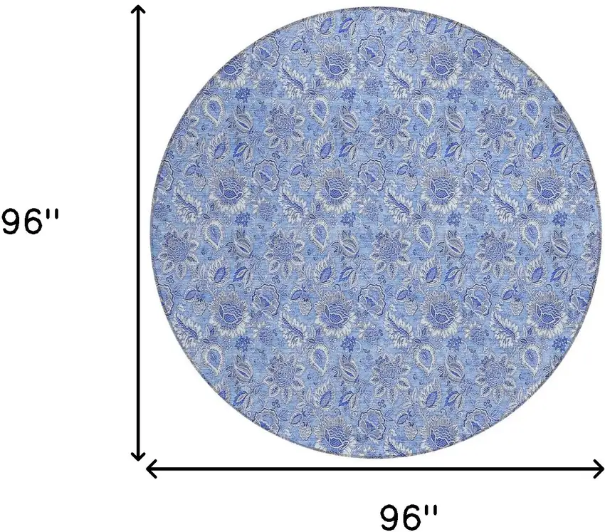 8' Navy Blue And Denim Blue Round Floral Washable Indoor Outdoor Area Rug Photo 3