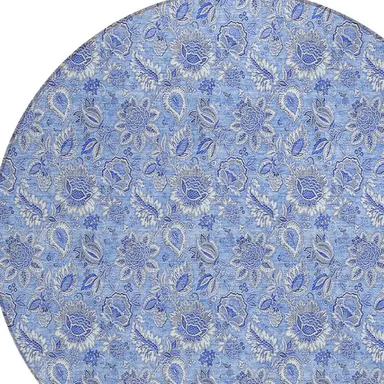 8' Navy Blue And Denim Blue Round Floral Washable Indoor Outdoor Area Rug Photo 5