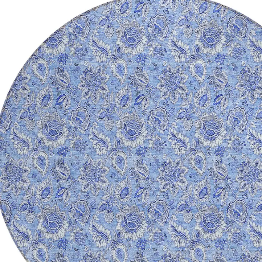 8' Navy Blue And Denim Blue Round Floral Washable Indoor Outdoor Area Rug Photo 5