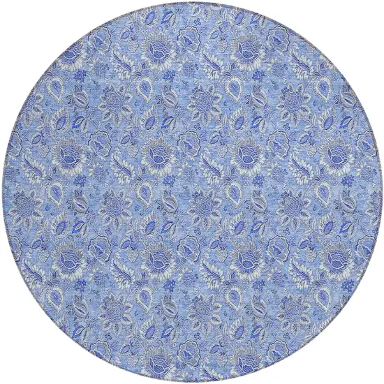 8' Navy Blue And Denim Blue Round Floral Washable Indoor Outdoor Area Rug Photo 2