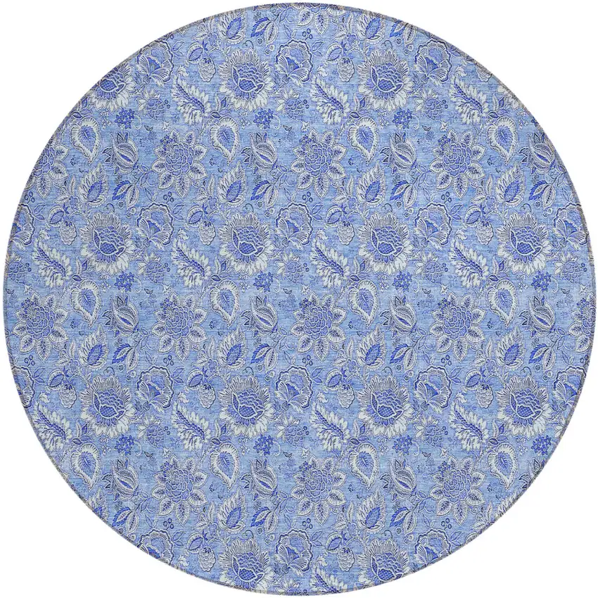 8' Navy Blue And Denim Blue Round Floral Washable Indoor Outdoor Area Rug Photo 2