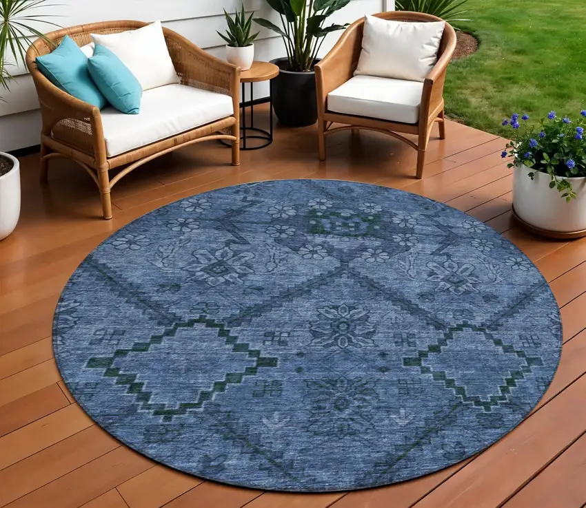 8' Navy Blue And Denim Blue Round Floral Washable Indoor Outdoor Area Rug Photo 1