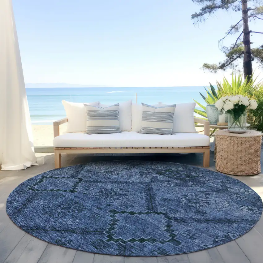 8' Navy Blue And Denim Blue Round Floral Washable Indoor Outdoor Area Rug Photo 6