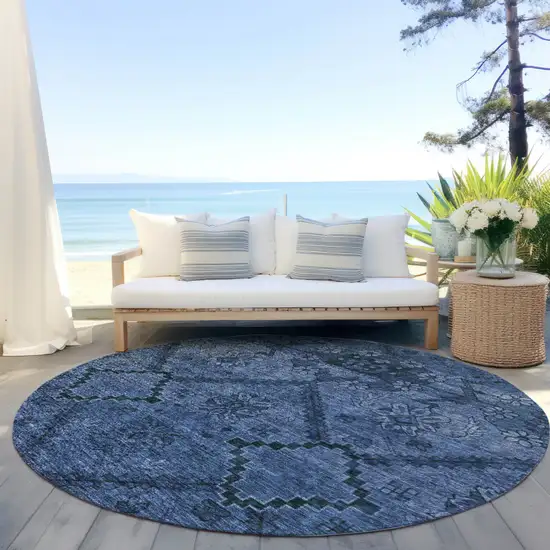 8' Navy Blue And Denim Blue Round Floral Washable Indoor Outdoor Area Rug Photo 6