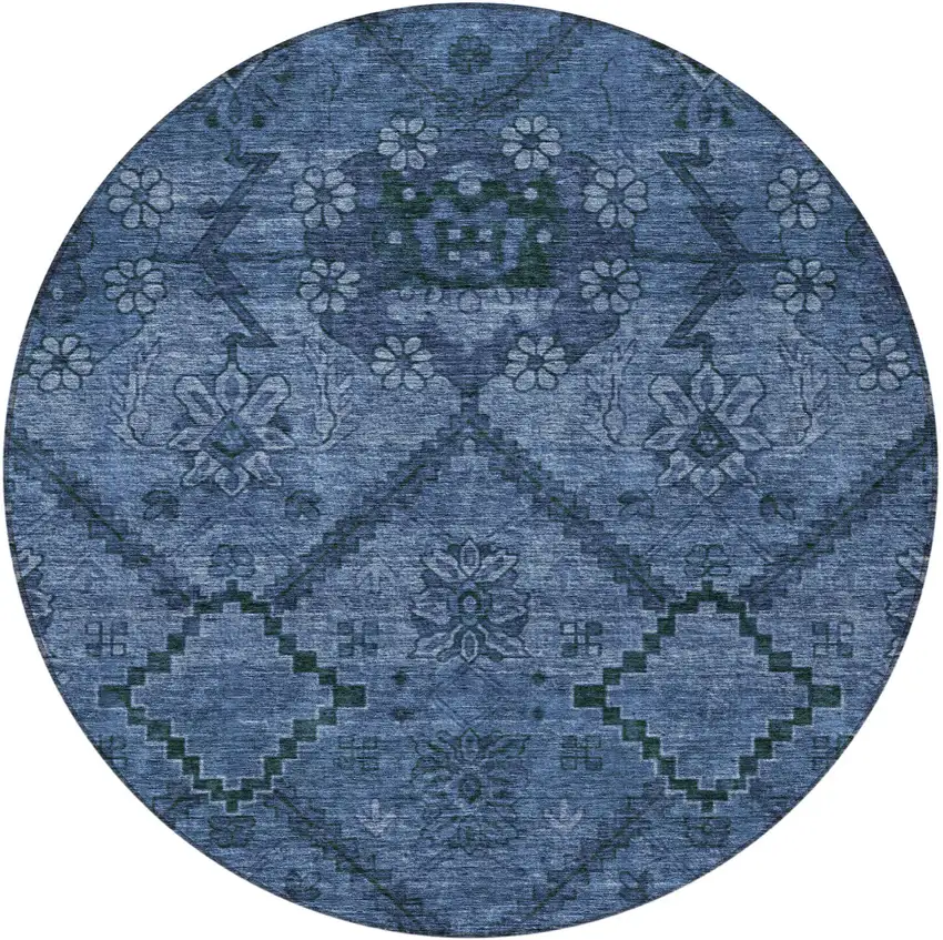 8' Navy Blue And Denim Blue Round Floral Washable Indoor Outdoor Area Rug Photo 5