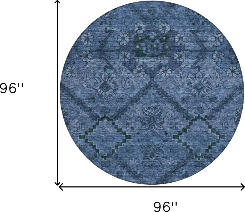8' Navy Blue And Denim Blue Round Floral Washable Indoor Outdoor Area Rug Photo 3