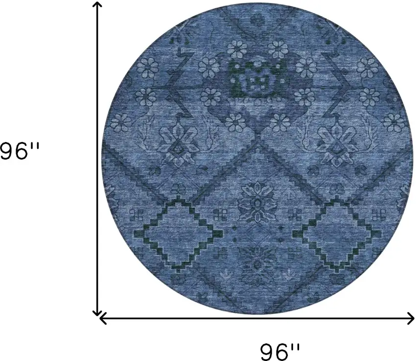 8' Navy Blue And Denim Blue Round Floral Washable Indoor Outdoor Area Rug Photo 3