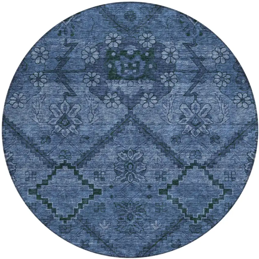 8' Navy Blue And Denim Blue Round Floral Washable Indoor Outdoor Area Rug Photo 2