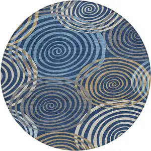 Photo of 8' Navy Blue And Denim Blue Round Geometric Washable Indoor Outdoor Area Rug
