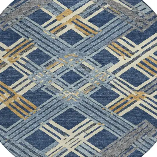8' Navy Blue And Denim Blue Round Geometric Washable Indoor Outdoor Area Rug Photo 2