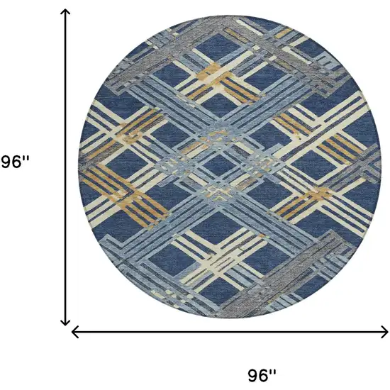 8' Navy Blue And Denim Blue Round Geometric Washable Indoor Outdoor Area Rug Photo 8