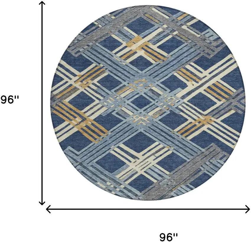 8' Navy Blue And Denim Blue Round Geometric Washable Indoor Outdoor Area Rug Photo 8