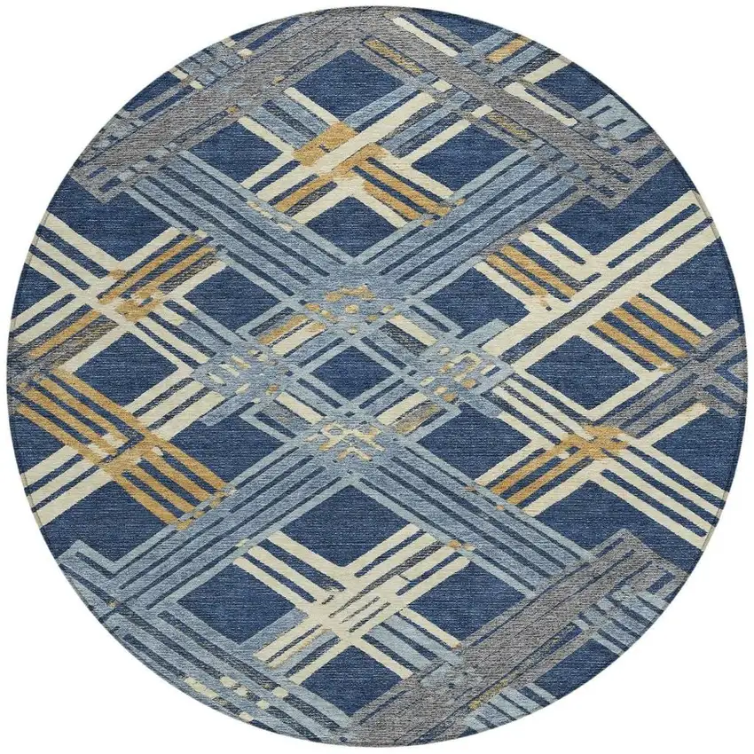 8' Navy Blue And Denim Blue Round Geometric Washable Indoor Outdoor Area Rug Photo 3