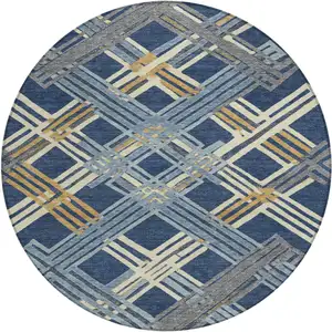 Photo of 8' Navy Blue And Denim Blue Round Geometric Washable Indoor Outdoor Area Rug