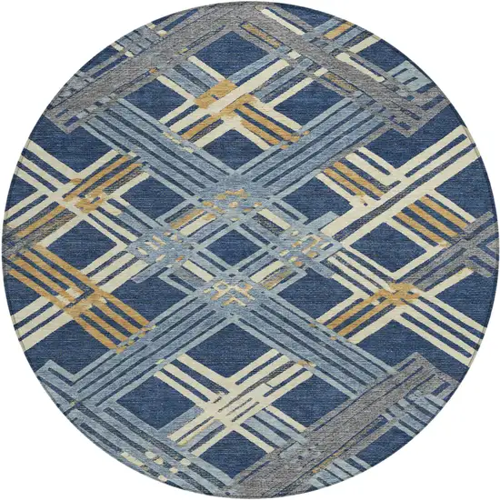 8' Navy Blue And Denim Blue Round Geometric Washable Indoor Outdoor Area Rug Photo 1