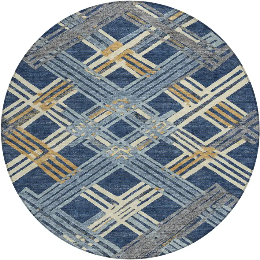 8' Navy Blue And Denim Blue Round Geometric Washable Indoor Outdoor Area Rug Photo 1