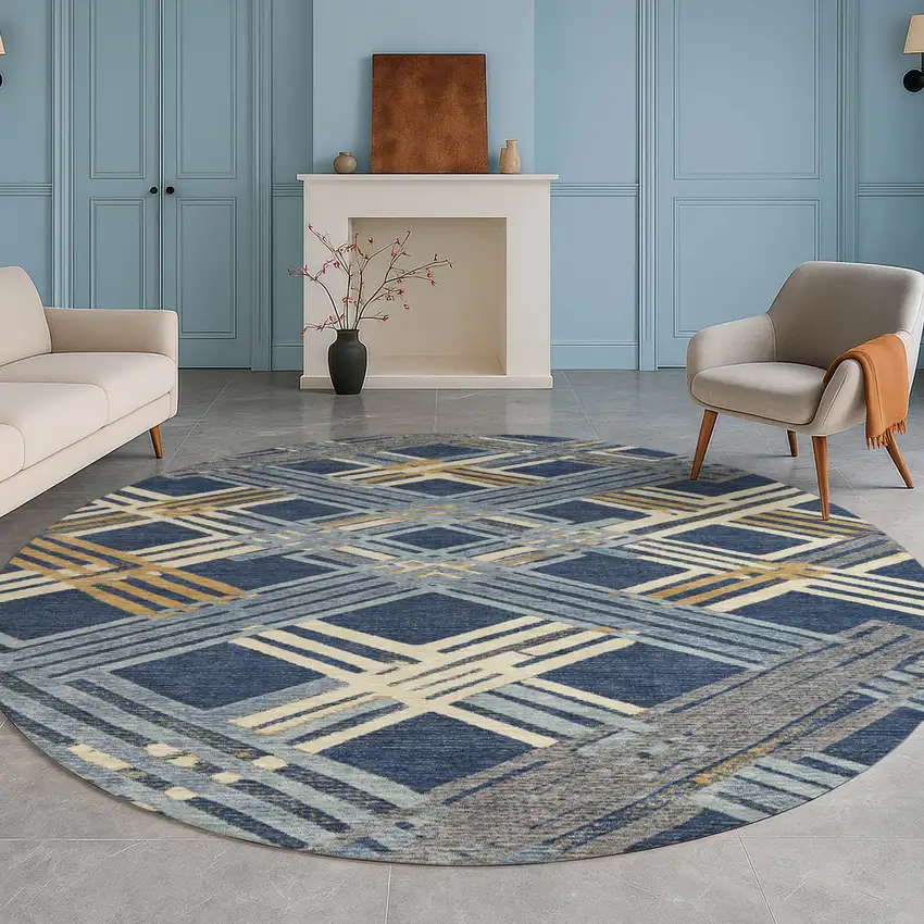 8' Navy Blue And Denim Blue Round Geometric Washable Indoor Outdoor Area Rug Photo 5