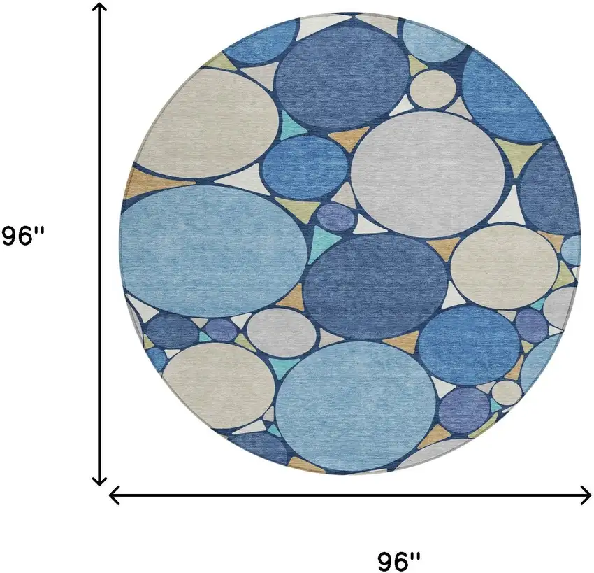 8' Navy Blue And Denim Blue Round Geometric Washable Indoor Outdoor Area Rug Photo 7