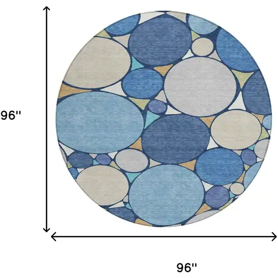 8' Navy Blue And Denim Blue Round Geometric Washable Indoor Outdoor Area Rug Photo 7