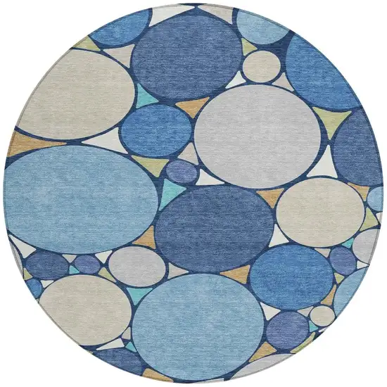 8' Navy Blue And Denim Blue Round Geometric Washable Indoor Outdoor Area Rug Photo 4