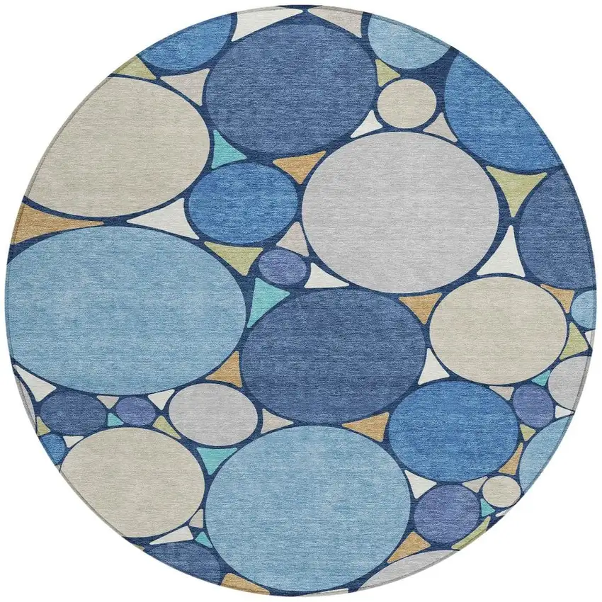8' Navy Blue And Denim Blue Round Geometric Washable Indoor Outdoor Area Rug Photo 4