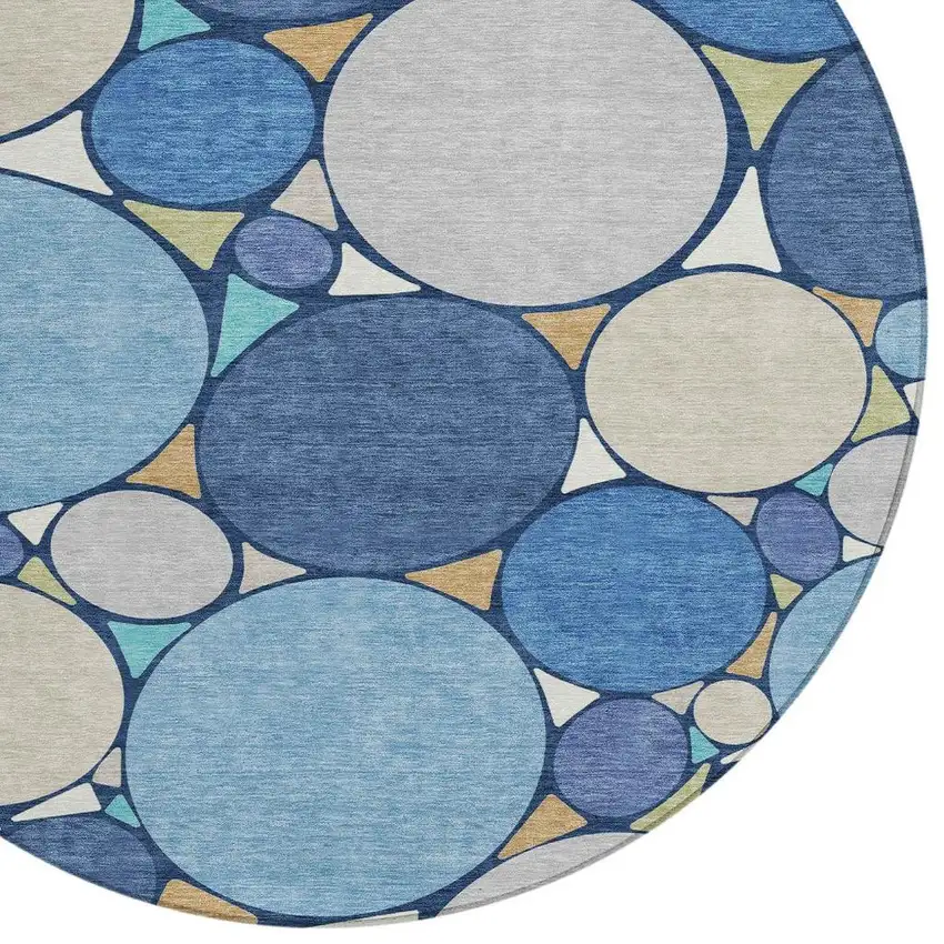 8' Navy Blue And Denim Blue Round Geometric Washable Indoor Outdoor Area Rug Photo 3