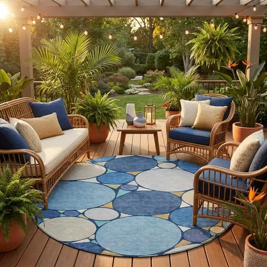 8' Navy Blue And Denim Blue Round Geometric Washable Indoor Outdoor Area Rug Photo 1