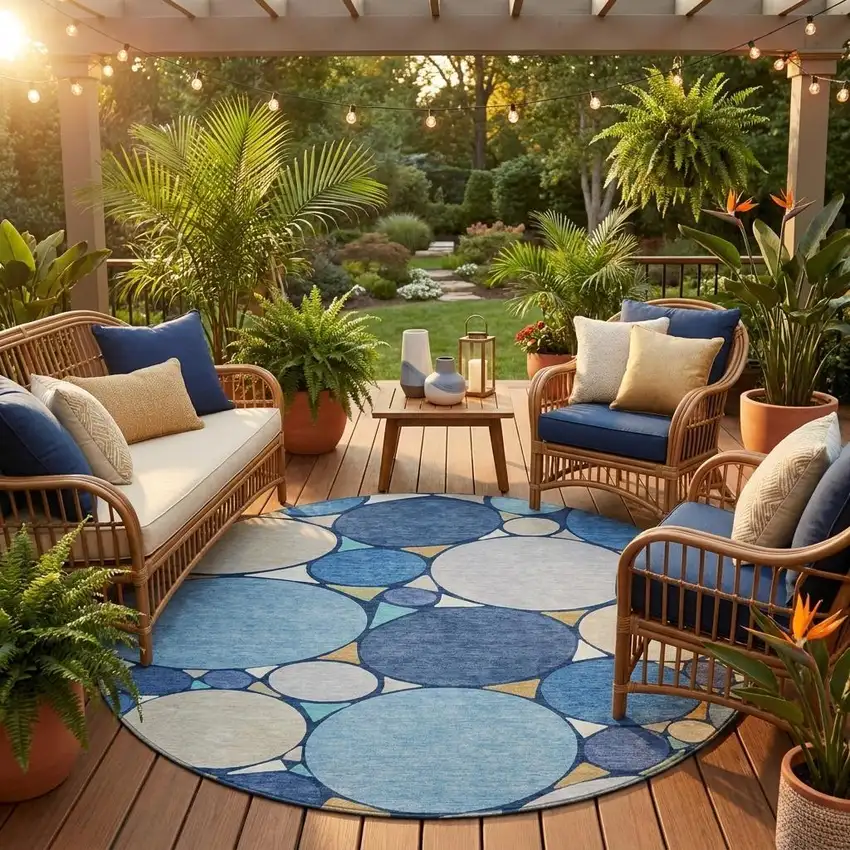 8' Navy Blue And Denim Blue Round Geometric Washable Indoor Outdoor Area Rug Photo 1